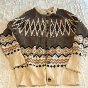J. Crew Brown and Cream Cardigan Sweater with Nordic Patterns